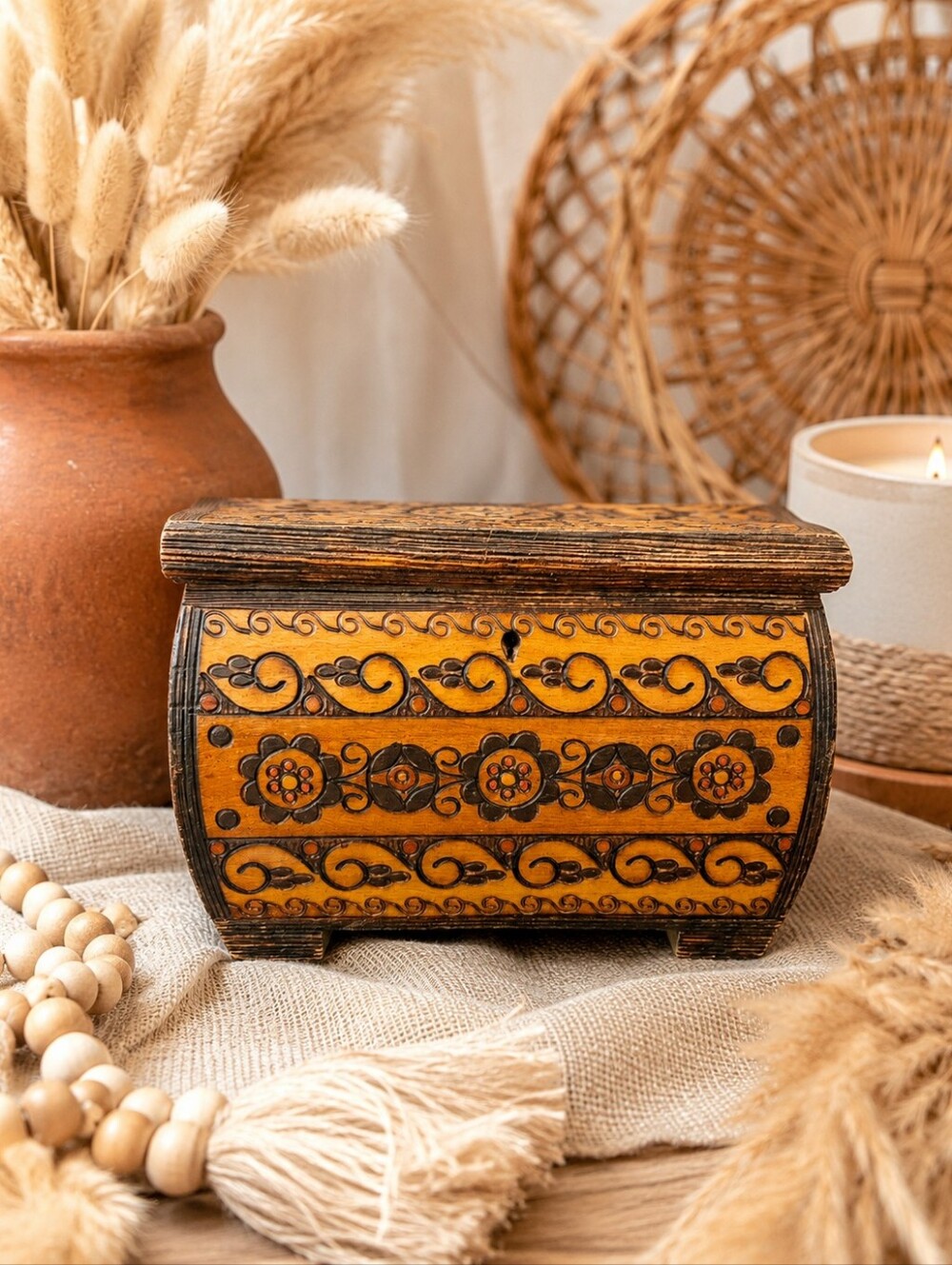 Hand Carved Smoked Wood Trinket Box 7"x5"x5" Wooden Rustic Boho Decor